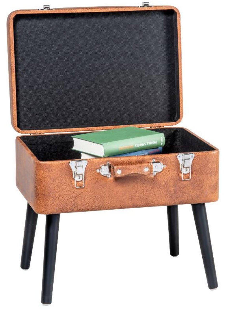 XORA Kofferhocker KEVIN Kofferhocker aus braunem Material mit geöffnetem Deckel, der als Stauraum dient, auf schwarzen Beinen stehend, seitliche Perspektive