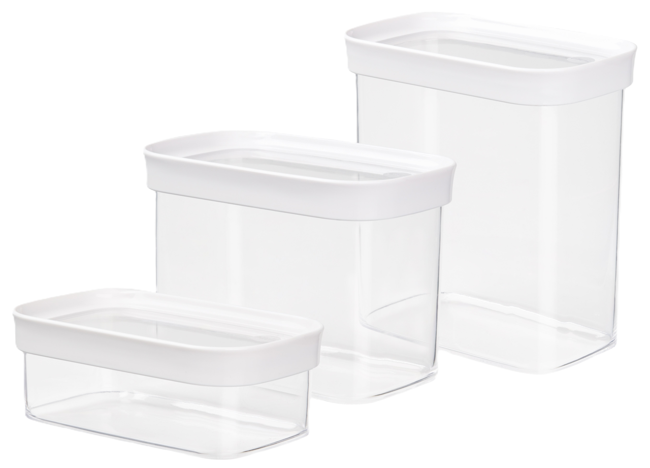 Emsa Vorratsdosenset 3-tlg. OPTIMA Dreiteiliges Vorratsdosenset aus transparentem Kunststoff mit weißen Deckeln, seitliche Perspektive