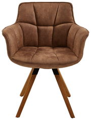 Brauner Sessel mit gepolstertem Sitz und Rückenlehne, Holzbeine, Frontalansicht