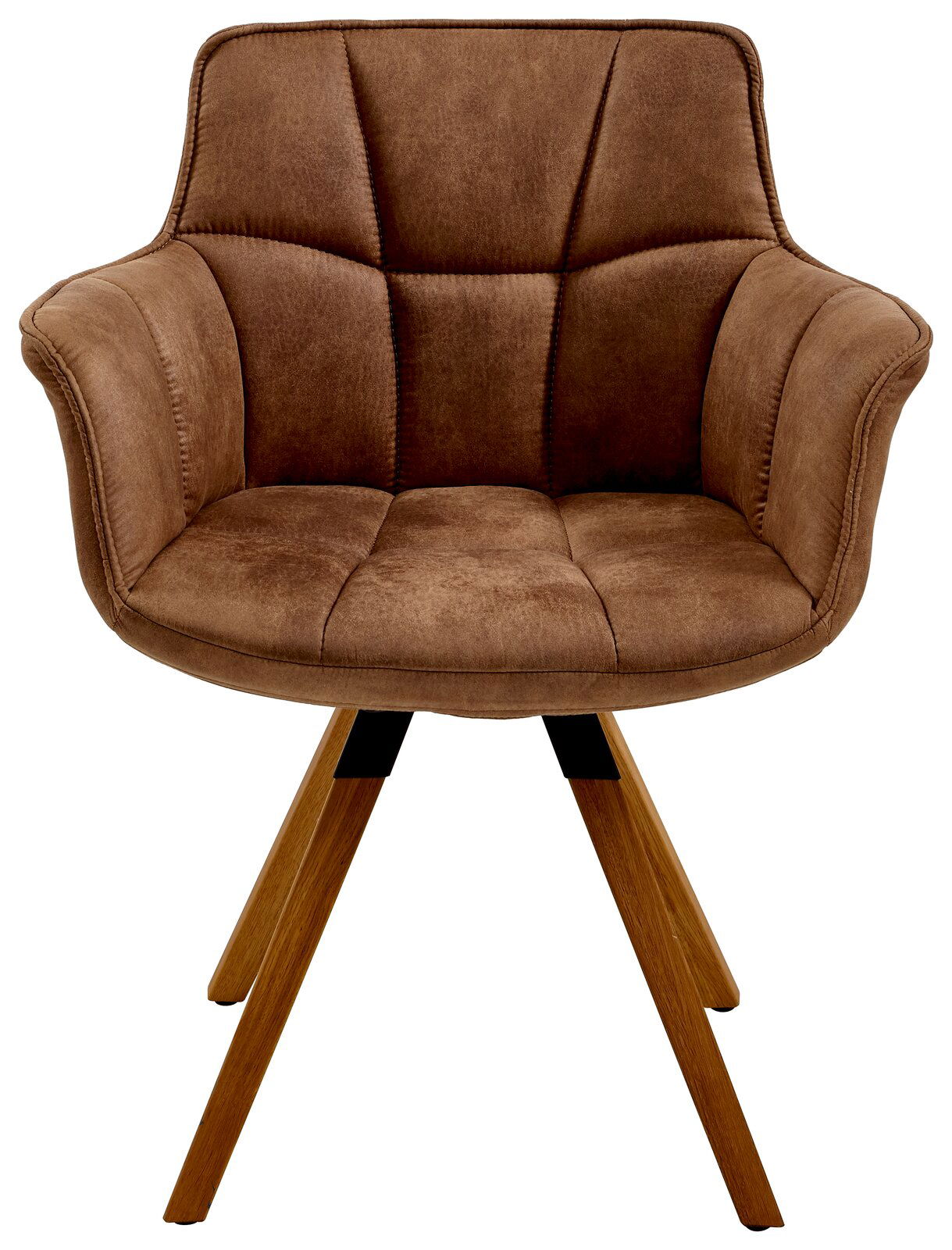 Brauner Sessel mit gepolstertem Sitz und Rückenlehne, Holzbeine, Frontalansicht