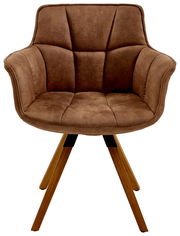 Brauner Sessel mit gepolstertem Sitz und Rückenlehne, Holzbeine, Frontalansicht