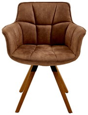 Brauner Sessel mit gepolstertem Sitz und Rückenlehne, Holzbeine, Frontalansicht