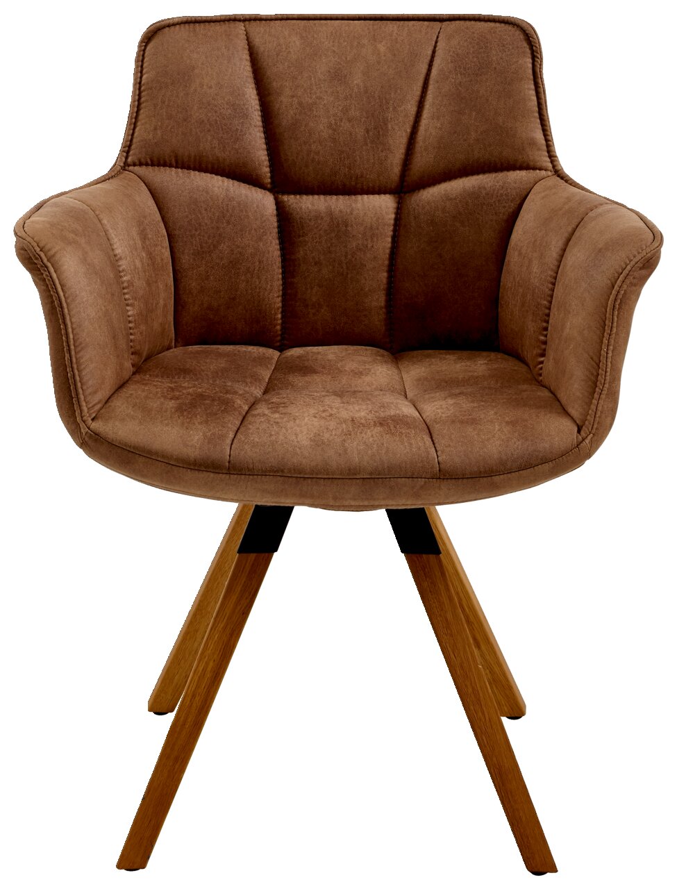 Brauner Sessel mit gepolstertem Sitz und Rückenlehne, Holzbeine, Frontalansicht