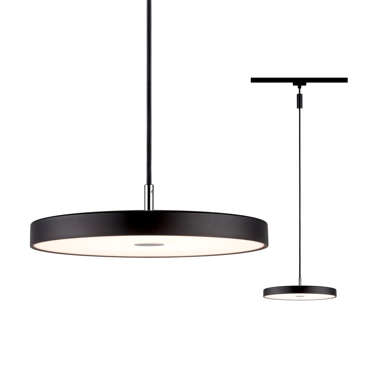 Schwarzes, modernes Schienenpendel Hildor in Seitenansicht, mit rundem, flachem Design und verstellbarem Kabel.