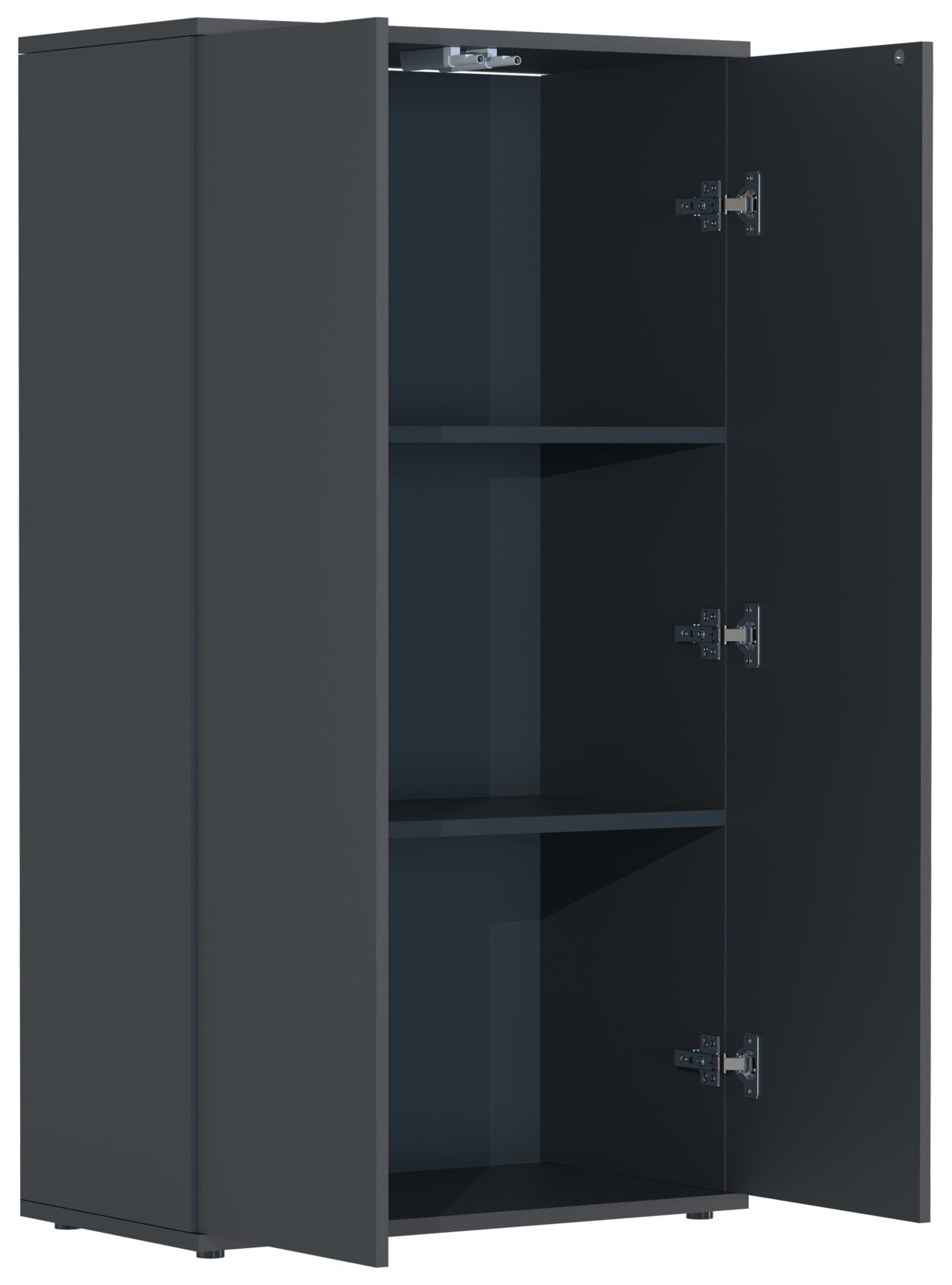 Offener, matt-schwarzer Hochschrank mit Einlegeböden und sichtbaren Metallscharnieren, Ansicht schräg von vorn rechts