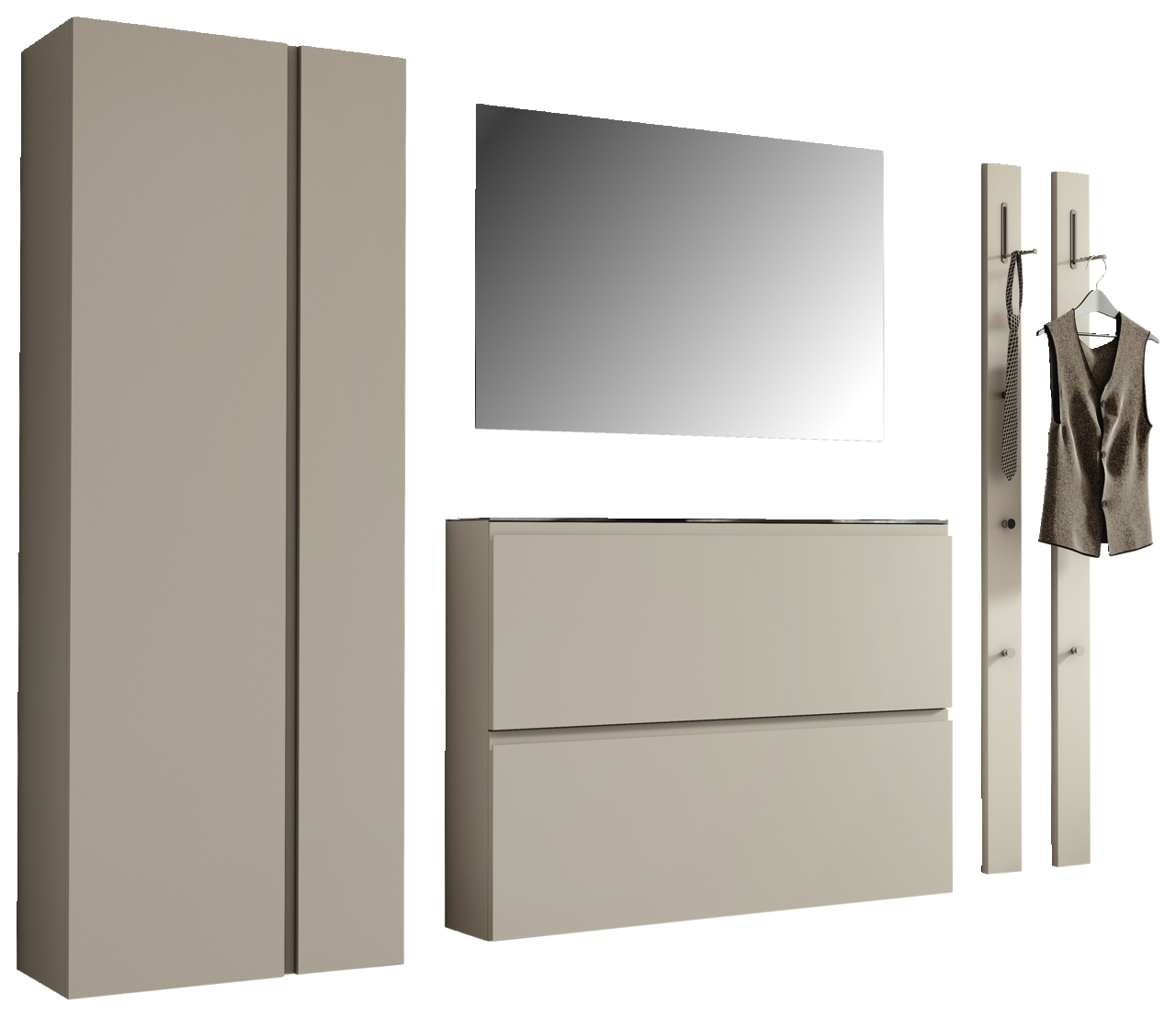Moderano Garderoben-Set LECCO Garderobenset in Beige mit Schrank, Spiegel, Kommode und zwei Wandpaneelen mit Haken, seitliche Perspektive