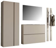 Garderobenset in Beige mit Schrank, Spiegel, Kommode und zwei Wandpaneelen mit Haken, seitliche Perspektive