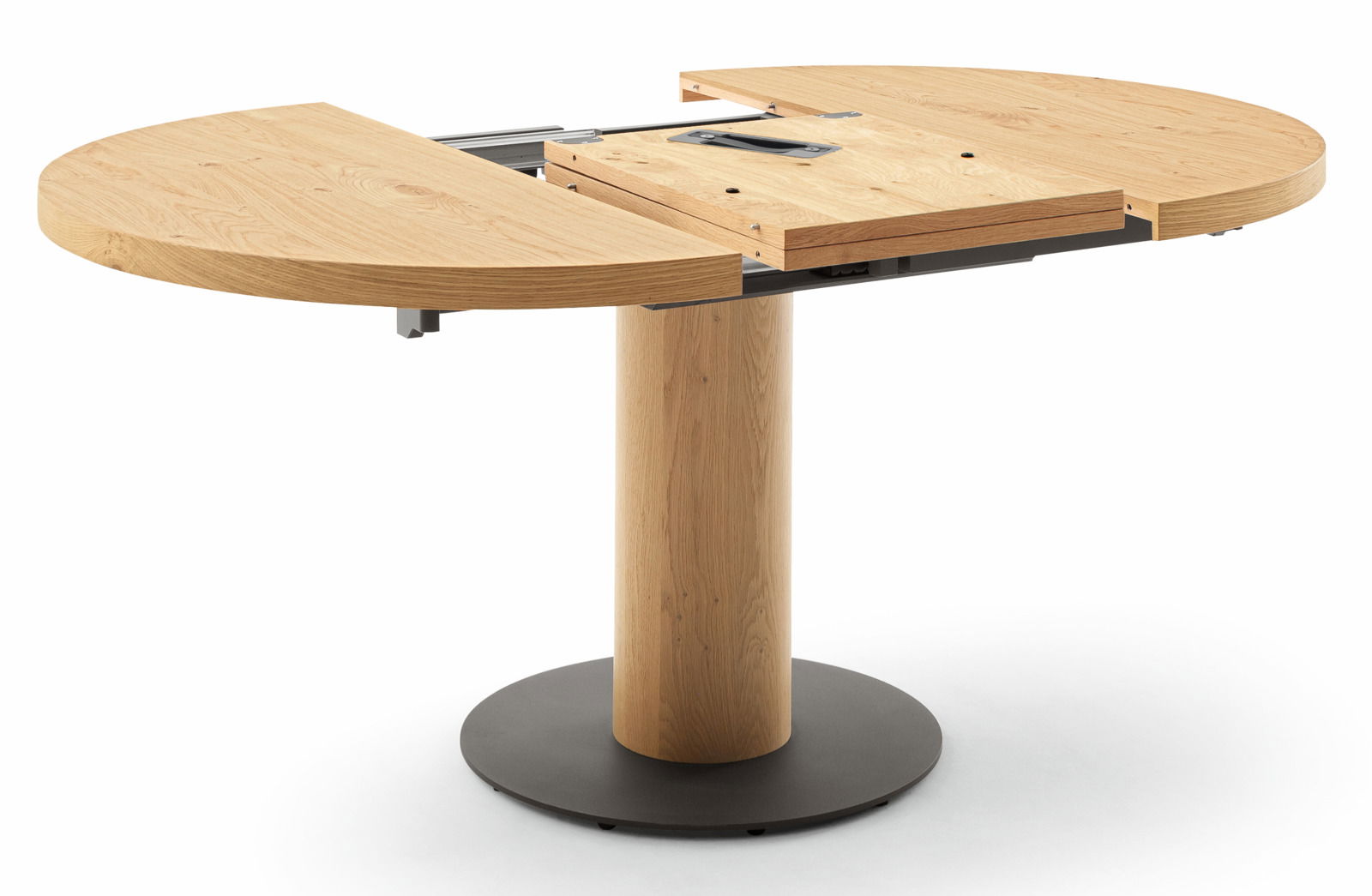 Runder Esstisch aus Holz mit ausziehbarer Tischplatte, seitliche Perspektive