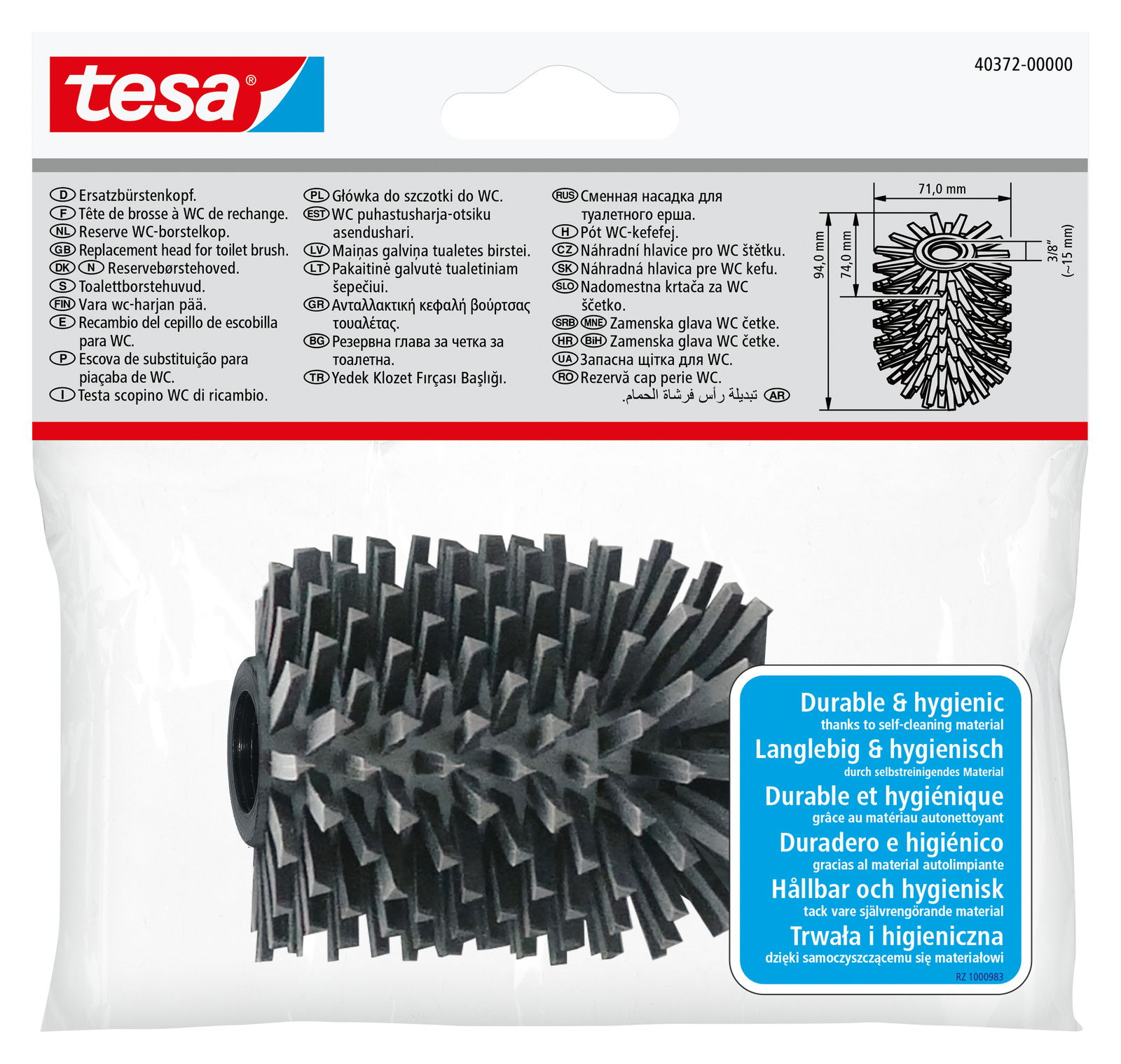 Ersatzbürstenkopf von tesa in der Verpackung, seitliche Perspektive