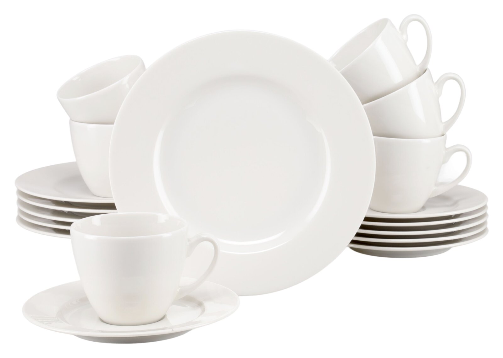 Creatable Kaffeeservice 18-tlg VENICE Weißes, schlichtes Porzellan-Geschirrset mit gestapelten Tellern, Tassen und Untertassen, frontal in leichter Schrägansicht vor weißem Hintergrund