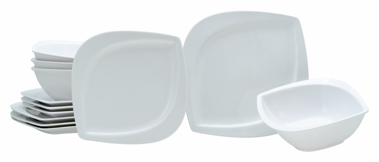Creatable Tafelservice 12-tlg. MELBOURNE Weißes 12-teiliges Tafelservice mit quadratischen Tellern und Schalen, seitliche Perspektive