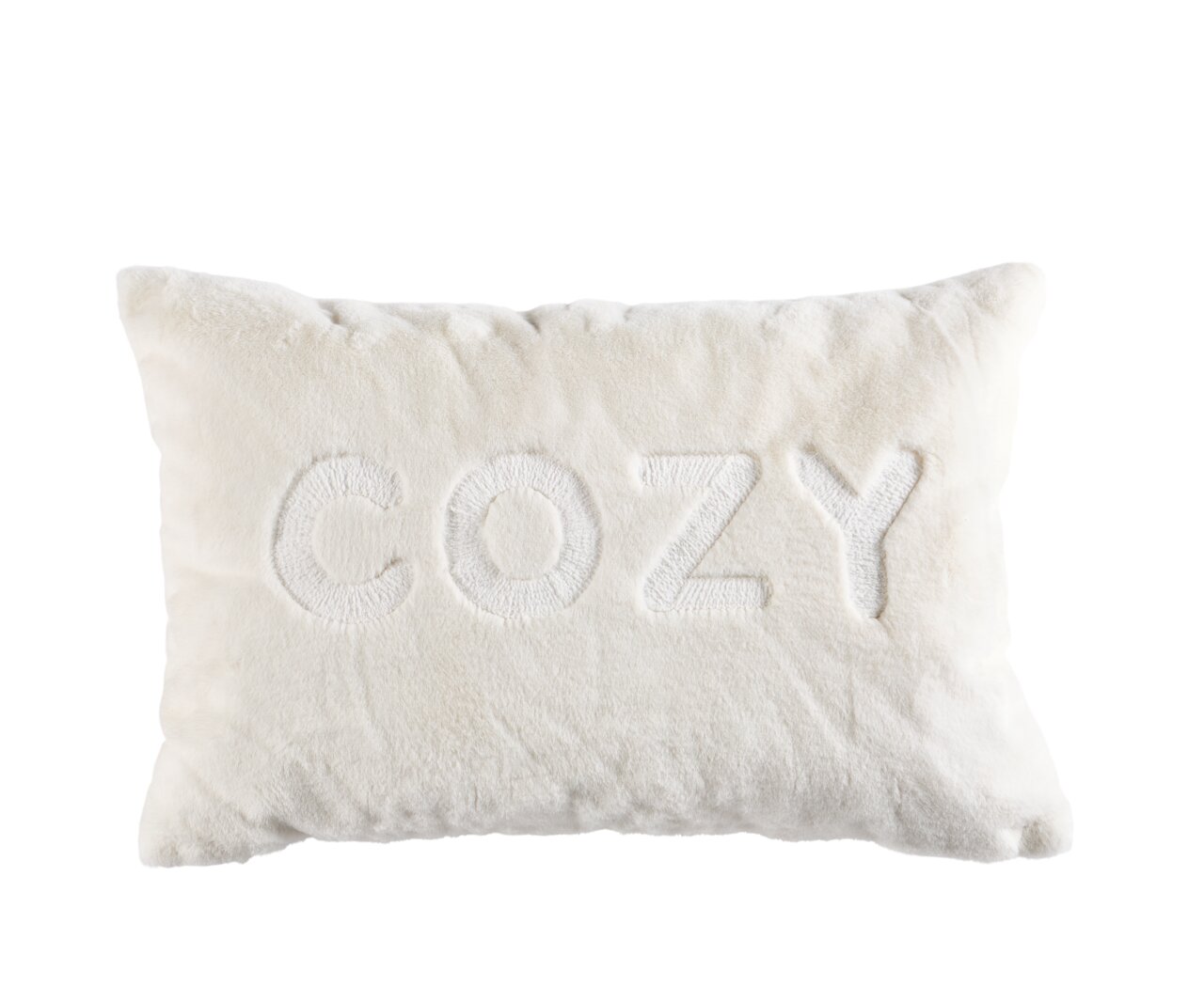 Weiße Kissenhülle mit dem Wort 'COZY' in der Mitte, Vorderansicht
