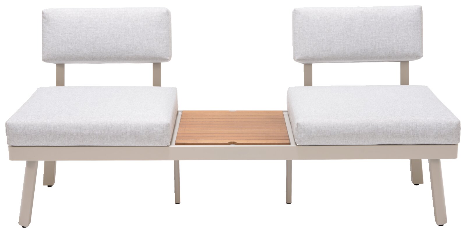 Frontale Ansicht einer modernen Lounge-Kombination mit zwei gepolsterten Sitzen und einem Holztisch in der Mitte.