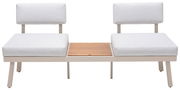 Frontale Ansicht einer modernen Lounge-Kombination mit zwei gepolsterten Sitzen und einem Holztisch in der Mitte.