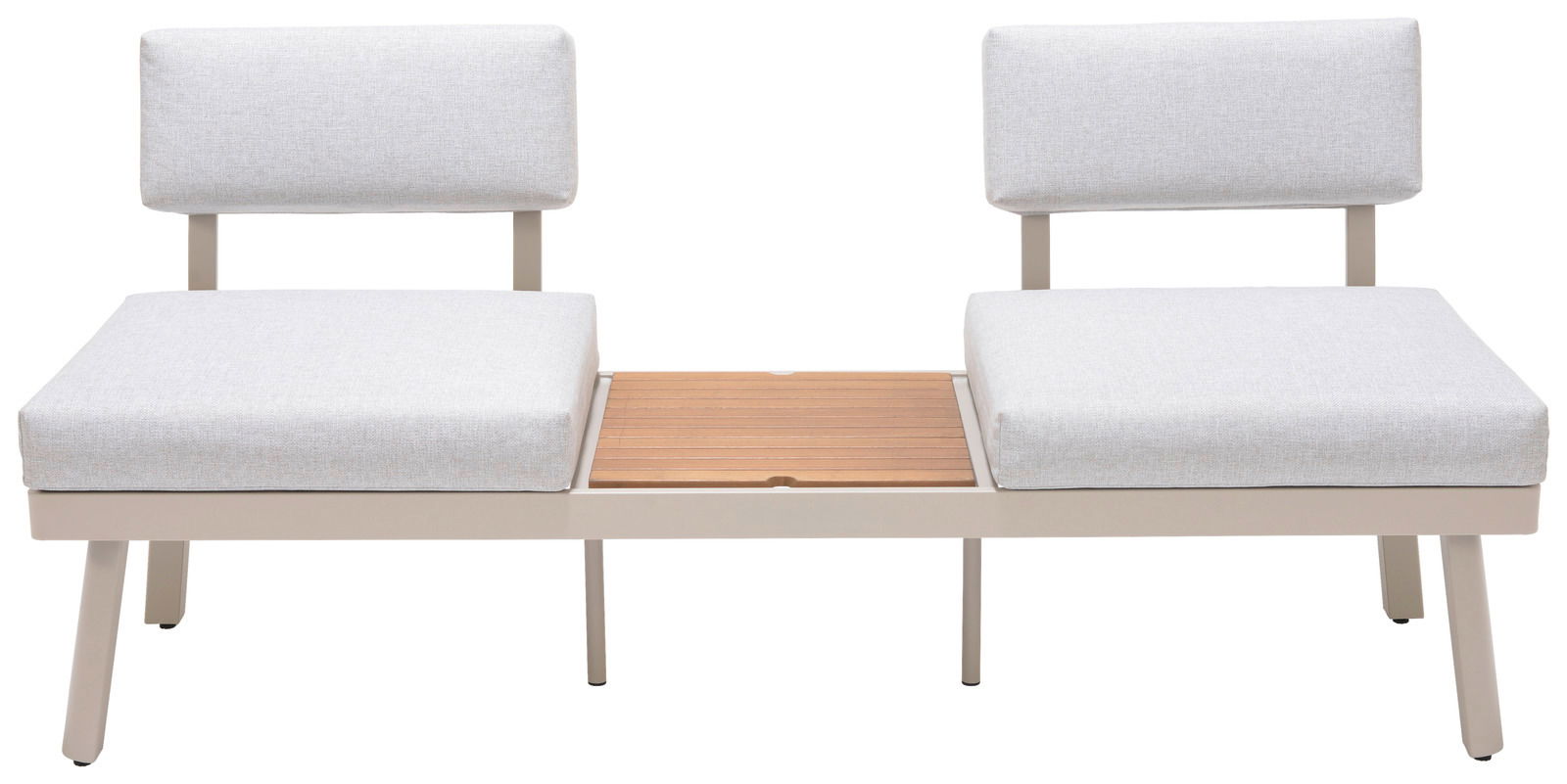 Frontale Ansicht einer modernen Lounge-Kombination mit zwei gepolsterten Sitzen und einem Holztisch in der Mitte.