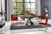 Moderner Esstisch mit schwarzer Tischplatte und X-förmigem Gestell, umgeben von roten Stühlen in einem hellen Raum mit großen Fenstern, seitliche Perspektive.