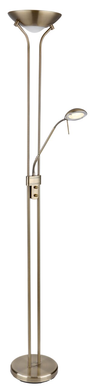 Stehleuchte mit zwei Lichtquellen, eine nach oben gerichtete Schale und eine flexible Leselampe, in gebürstetem Metall, seitliche Perspektive