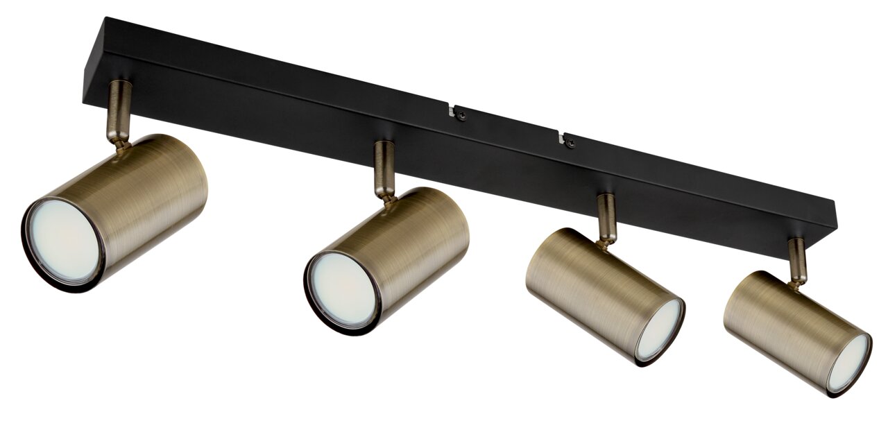 Vierflammiger Strahler in Altmessing-Optik, seitliche Perspektive