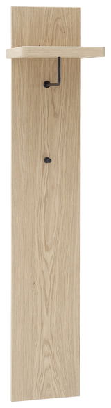 Schmales Garderobenpaneel aus hellem Holz mit einer Ablage und zwei Haken, Frontalansicht