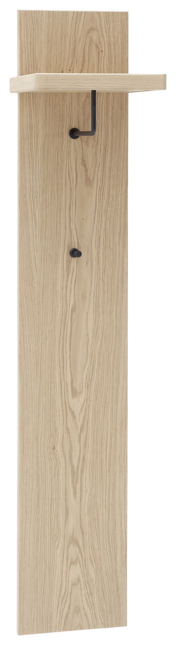 Schmales Garderobenpaneel aus hellem Holz mit einer Ablage und zwei Haken, Frontalansicht