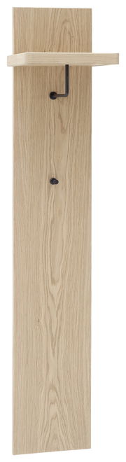 Schmales Garderobenpaneel aus hellem Holz mit einer Ablage und zwei Haken, Frontalansicht