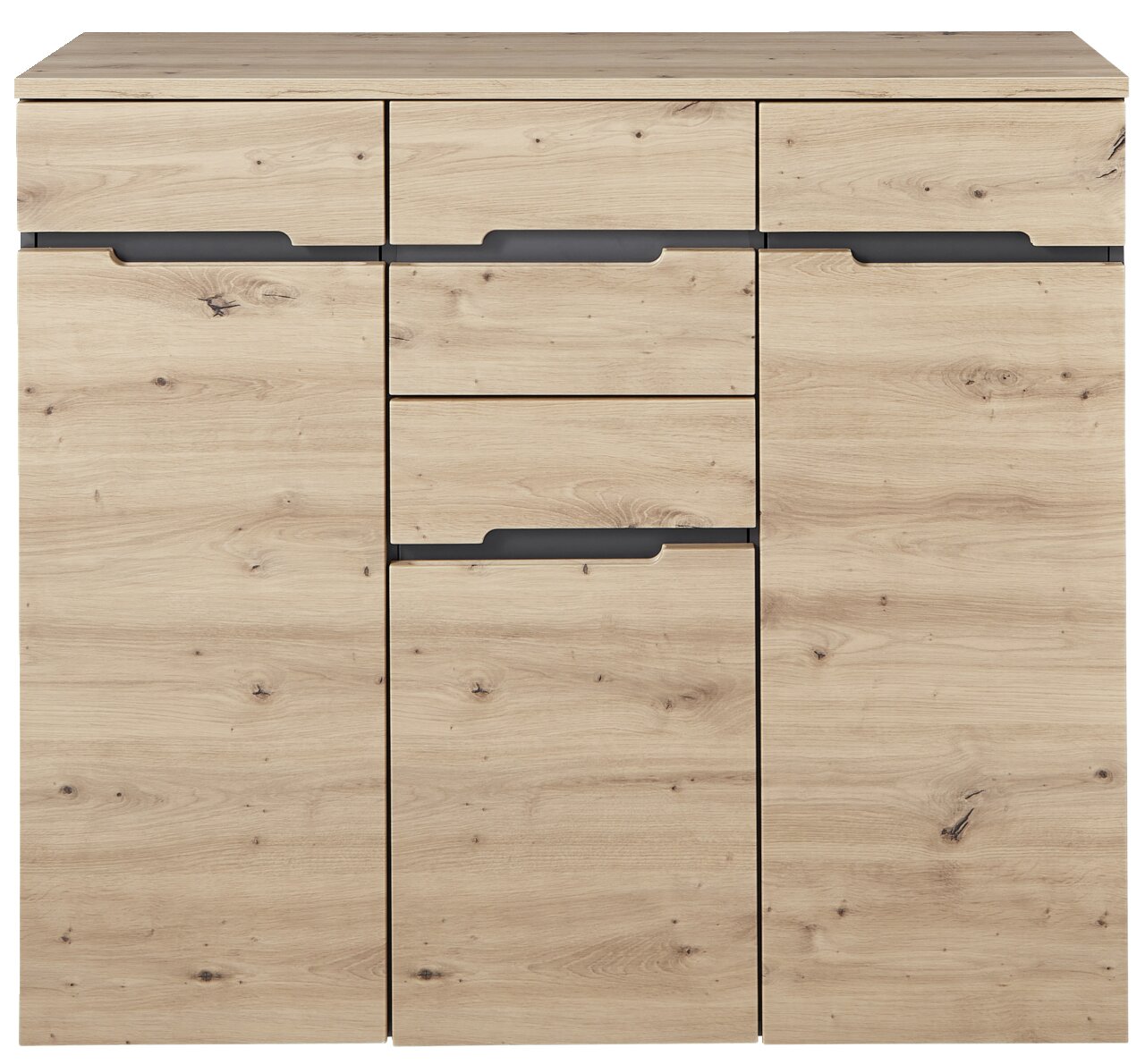 Frontansicht eines XL-Highboards aus hellem Holz mit mehreren Schubladen und Türen.