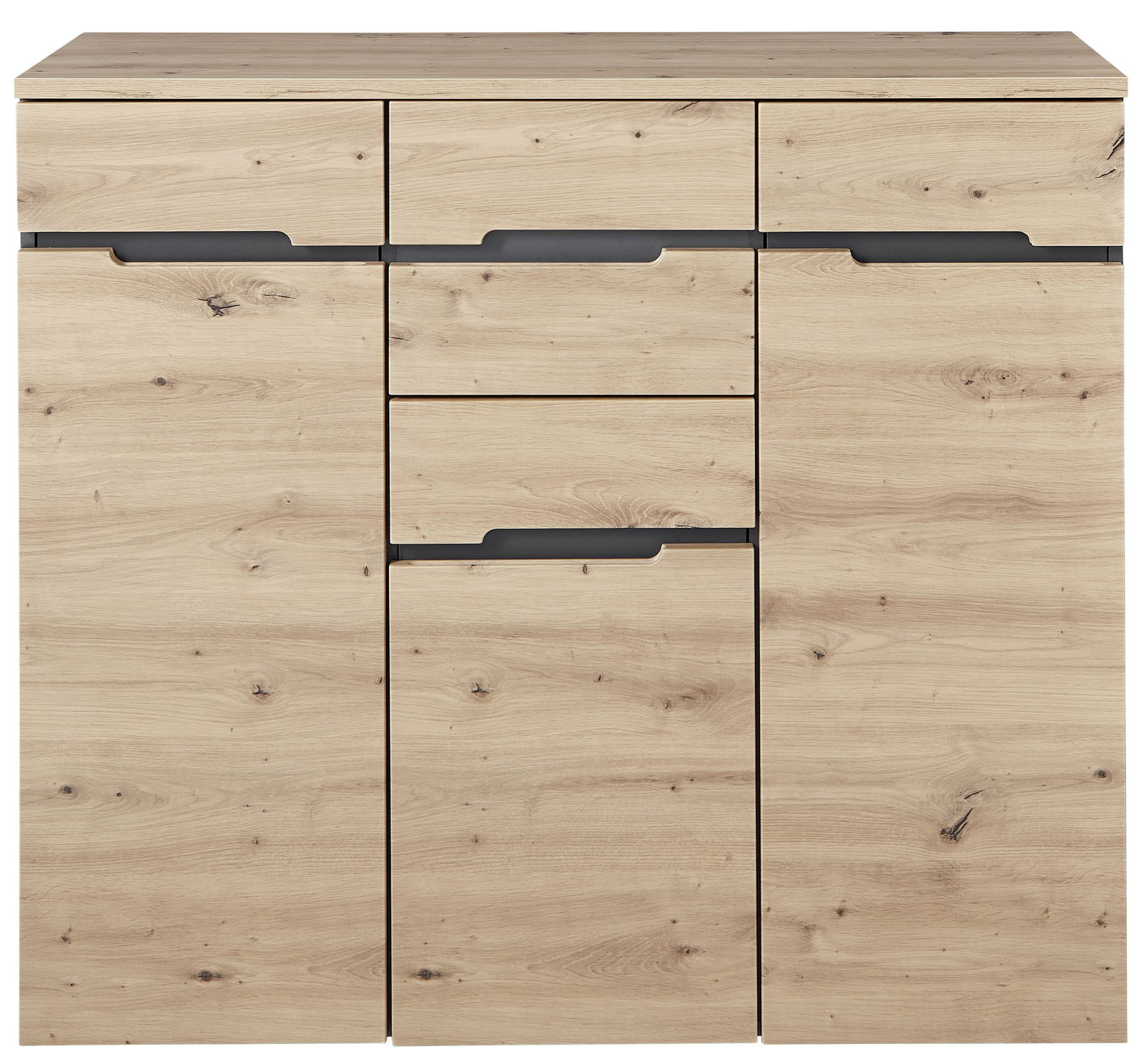 Frontansicht eines XL-Highboards aus hellem Holz mit mehreren Schubladen und Türen.