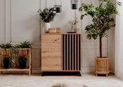 Moderne Kommode aus Holz mit vertikalen schwarzen Streifen, umgeben von Pflanzen, aus frontaler Perspektive fotografiert.