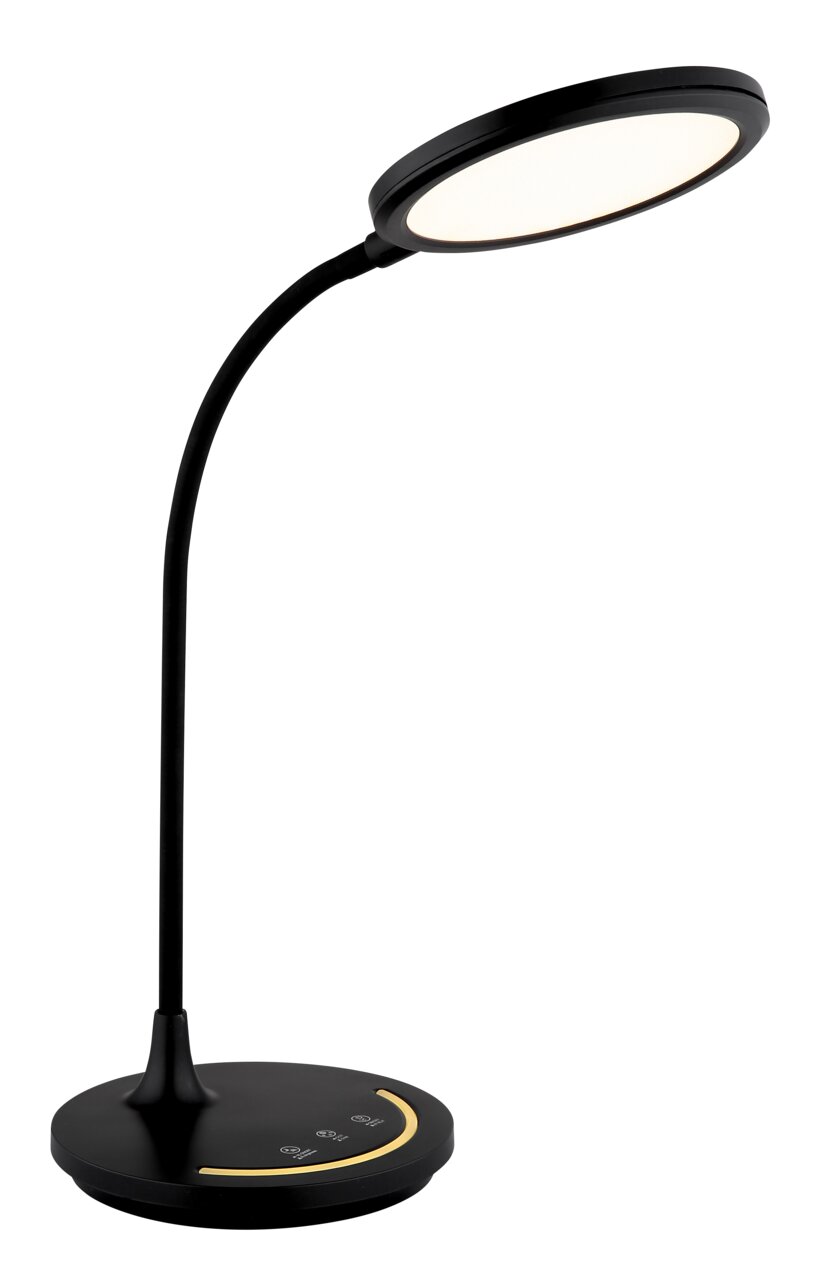 Moderne schwarze Tischleuchte mit flexiblem Hals und rundem Lampenschirm, seitliche Perspektive