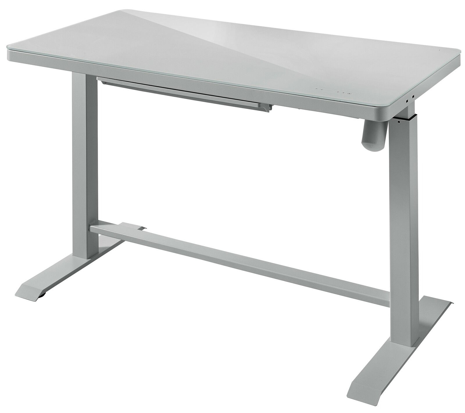 Moderner E-Schreibtisch aus Metall mit glatter Oberfläche, seitliche Perspektive