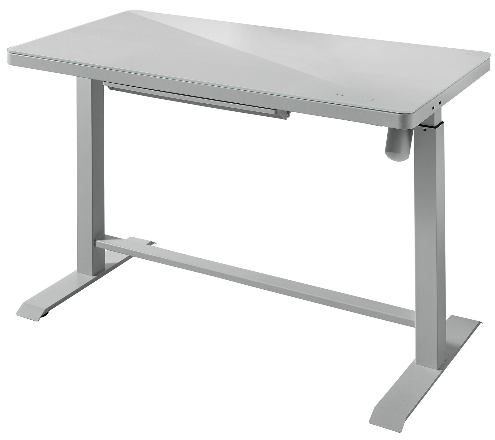 Moderner E-Schreibtisch aus Metall mit glatter Oberfläche, seitliche Perspektive