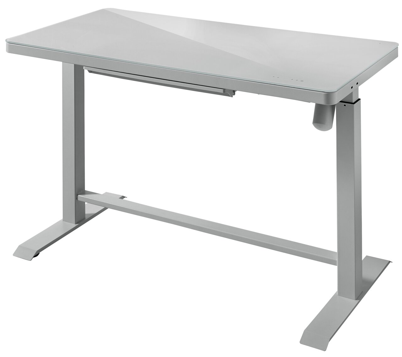 Moderner E-Schreibtisch aus Metall mit glatter Oberfläche, seitliche Perspektive