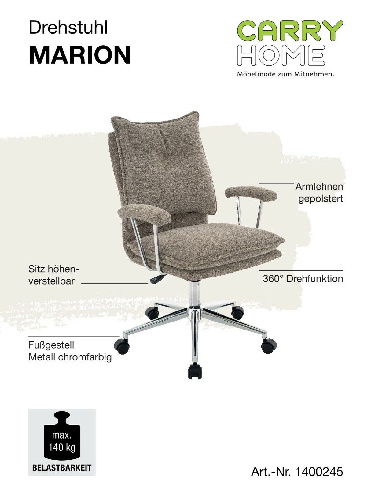 Beiger Home Office Drehstuhl mit gepolsterten Armlehnen, höhenverstellbarem Sitz und chromfarbenem Metallfußgestell, seitliche Perspektive