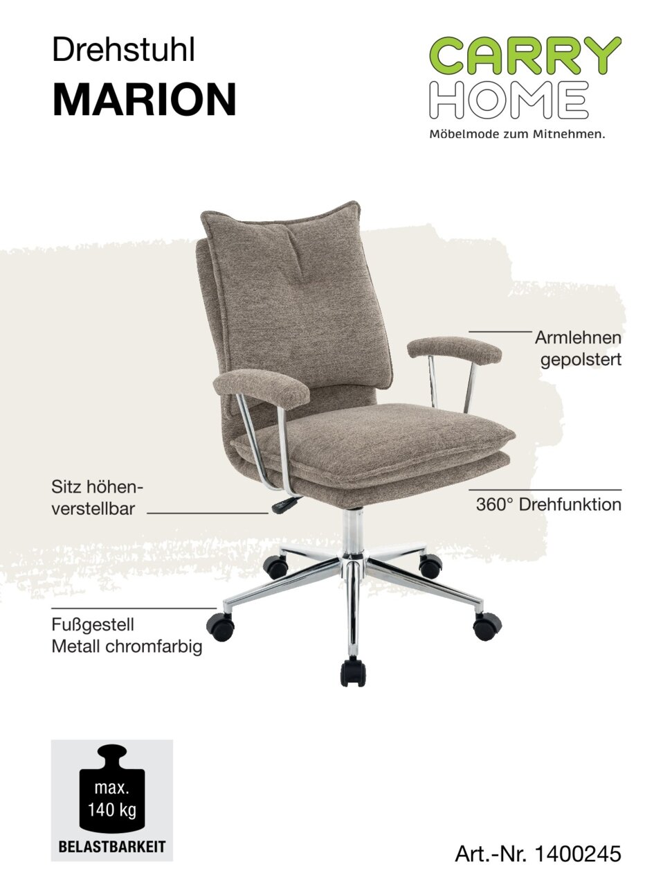 Beiger Home Office Drehstuhl mit gepolsterten Armlehnen, höhenverstellbarem Sitz und chromfarbenem Metallfußgestell, seitliche Perspektive