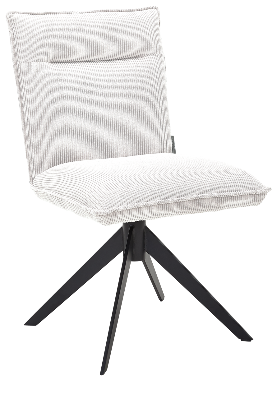 Johann Jakob Stuhl CALAS Moderner Stuhl mit hellem Stoffbezug und schwarzem Metallgestell, seitliche Perspektive