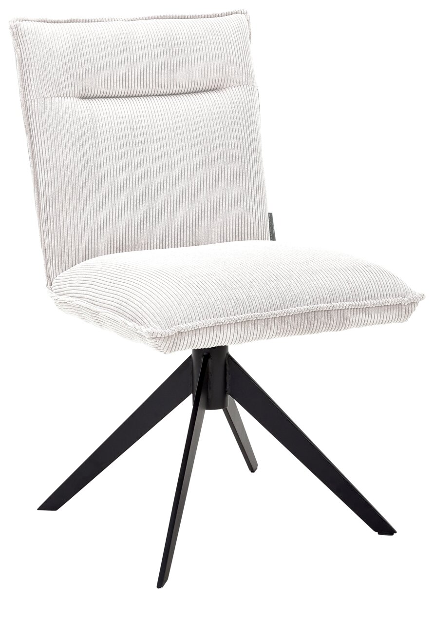 Johann Jakob Stuhl CALAS Moderner Stuhl mit hellem Stoffbezug und schwarzem Metallgestell, seitliche Perspektive