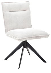 Moderner Stuhl mit hellem Stoffbezug und schwarzem Metallgestell, seitliche Perspektive