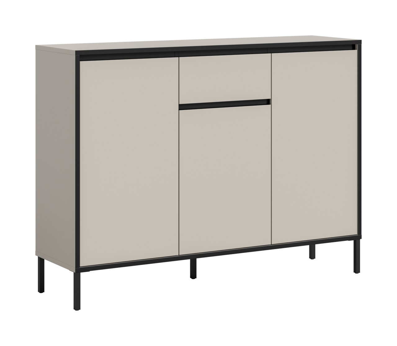 Moderne Kommode mit drei Türen und einem Schubfach, in einer schlichten, hellen Farbe mit dunklen Akzenten, seitliche Perspektive.