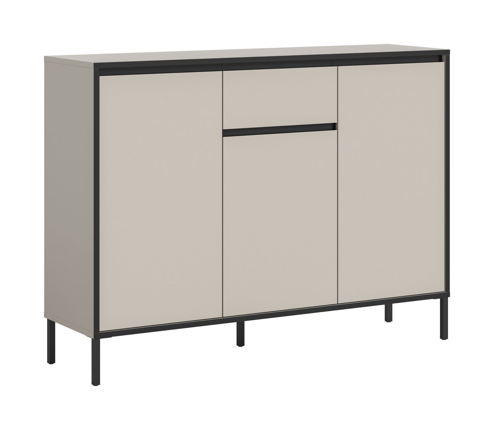 Moderne Kommode mit drei Türen und einem Schubfach, in einer schlichten, hellen Farbe mit dunklen Akzenten, seitliche Perspektive.