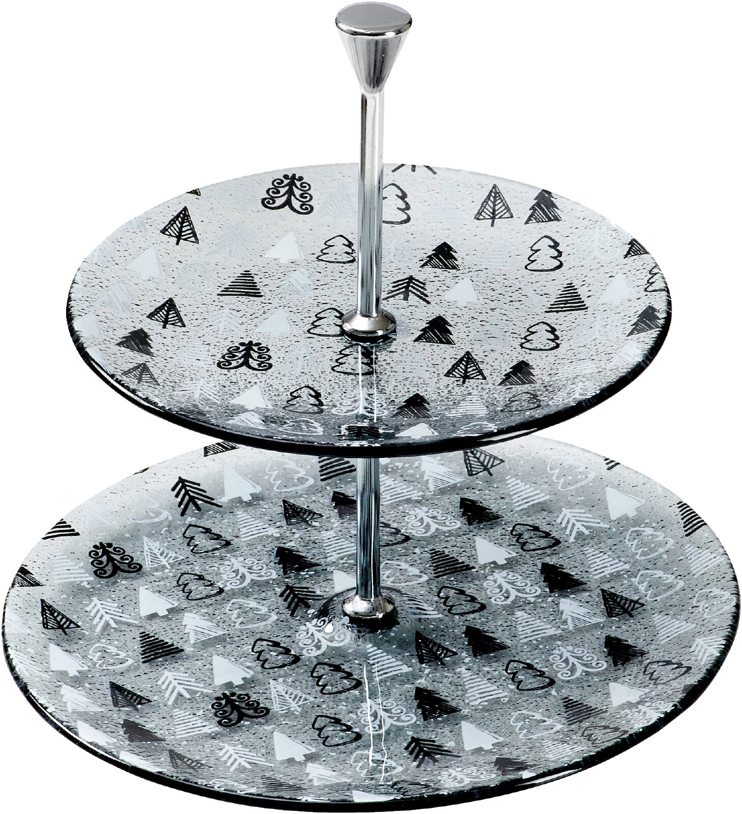Zweistöckige Glas-Etagere mit schwarz-weißem Weihnachtsbaum-Dekor und silberfarbenem Metallgriff, in schräger Vorderansicht von oben