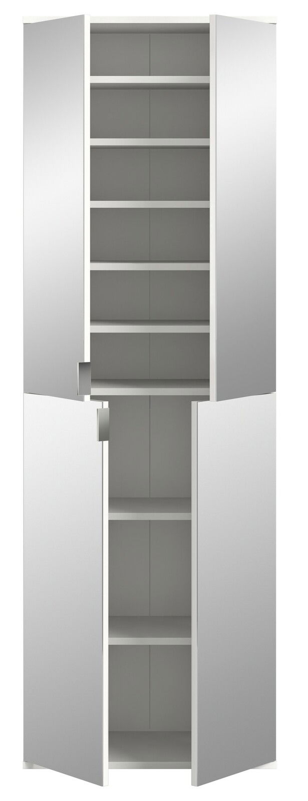 Garderobenkombination mit mehreren Regalböden, offene Türen, frontale Ansicht