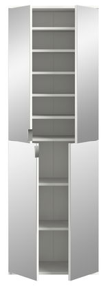 Garderobenkombination mit mehreren Regalböden, offene Türen, frontale Ansicht