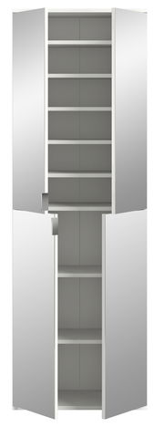 Garderobenkombination mit mehreren Regalböden, offene Türen, frontale Ansicht