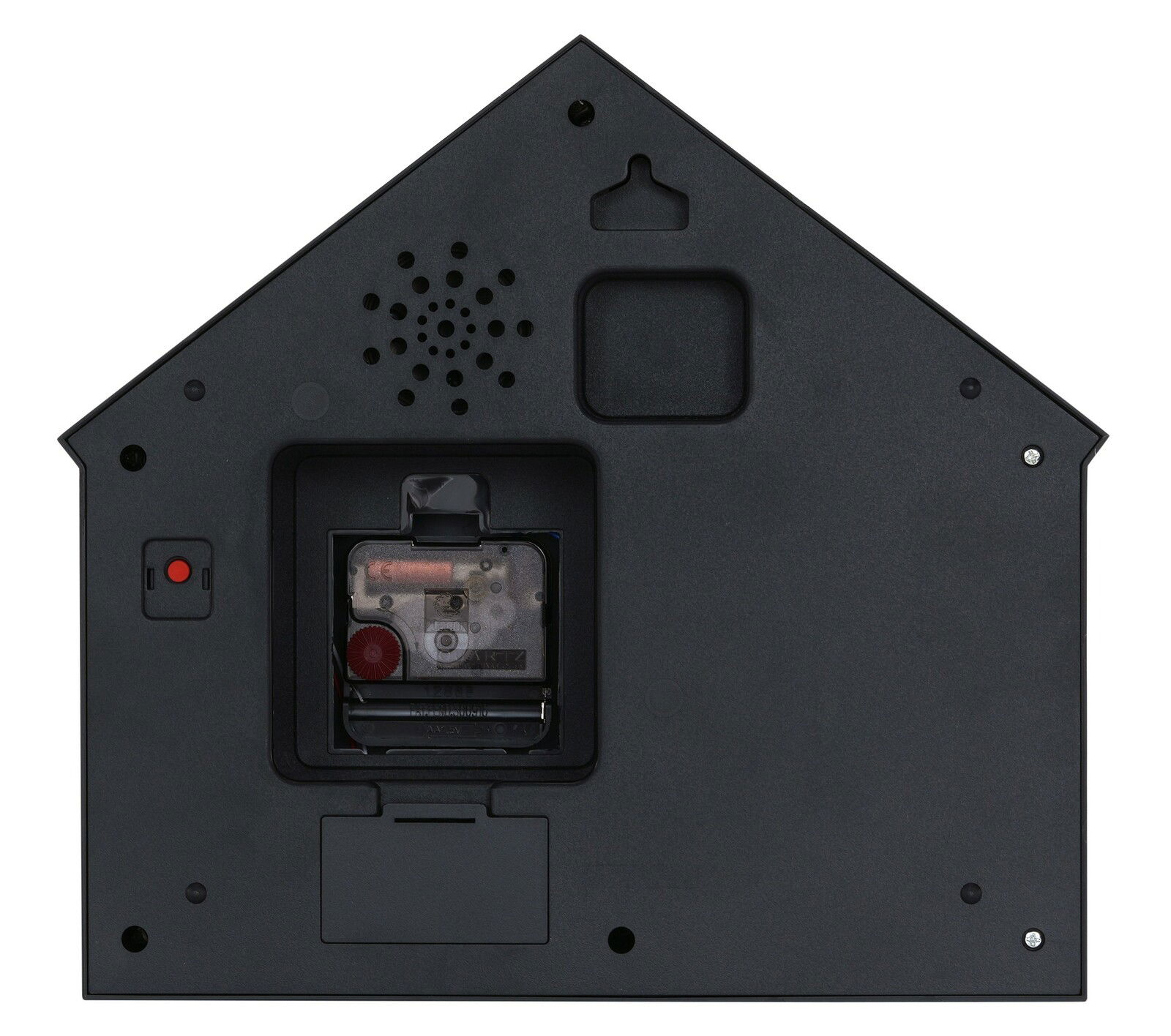 Rückansicht einer schwarzen Wanduhr in Form eines Hauses mit sichtbarem Uhrwerk und Aufhängung.