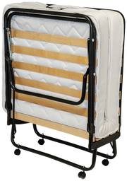 Zusammenklappbares Gästebett mit Holzlatten und Metallrahmen, seitliche Perspektive