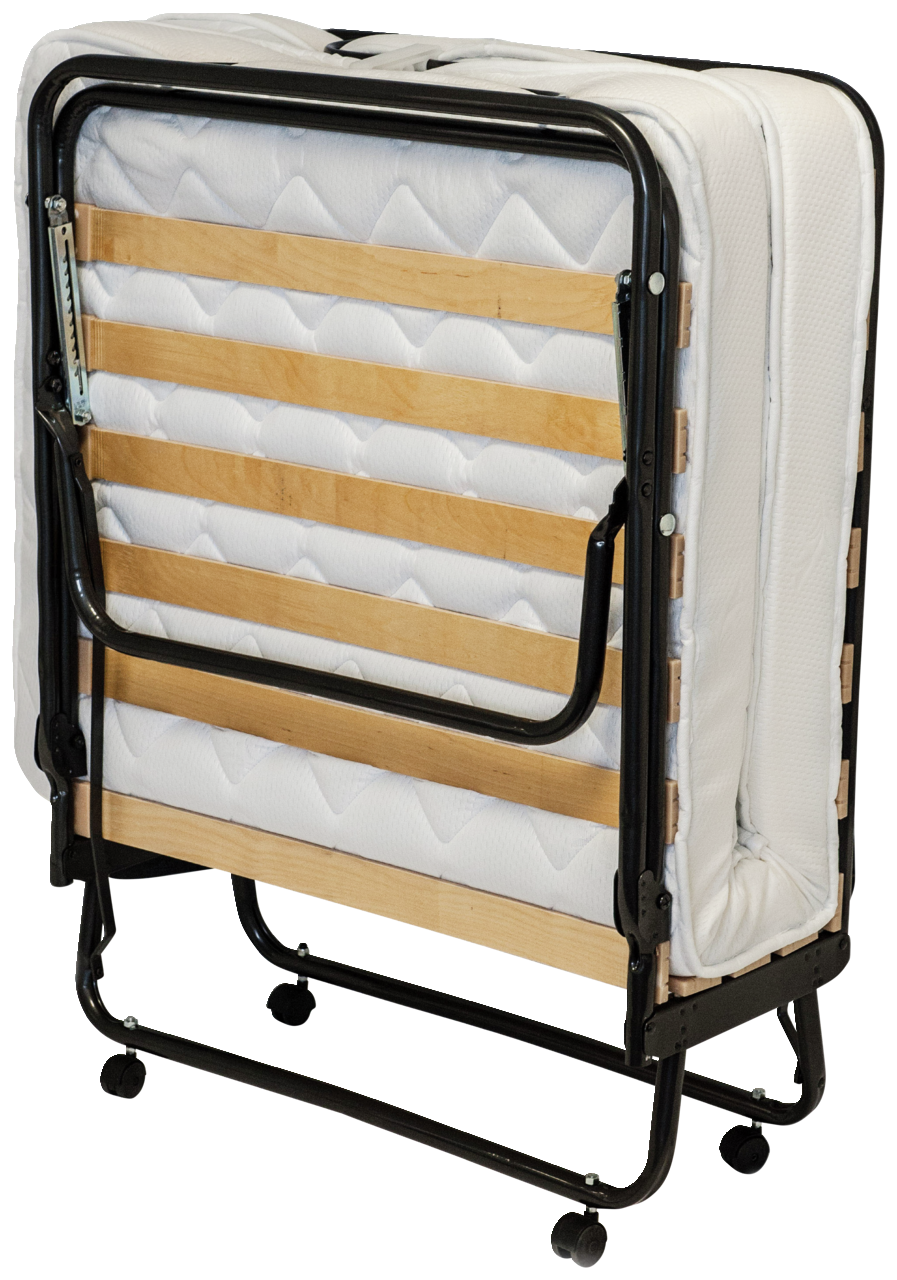 Zusammenklappbares Gästebett mit Holzlatten und Metallrahmen, seitliche Perspektive