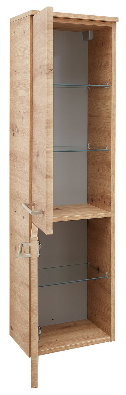 Midischrank aus Holz mit zwei offenen Türen, Glasböden und seitlicher Perspektive