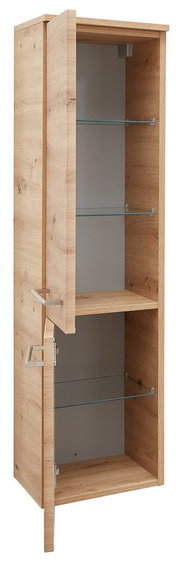 Midischrank aus Holz mit zwei offenen Türen, Glasböden und seitlicher Perspektive
