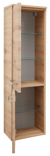 Midischrank aus Holz mit zwei offenen Türen, Glasböden und seitlicher Perspektive