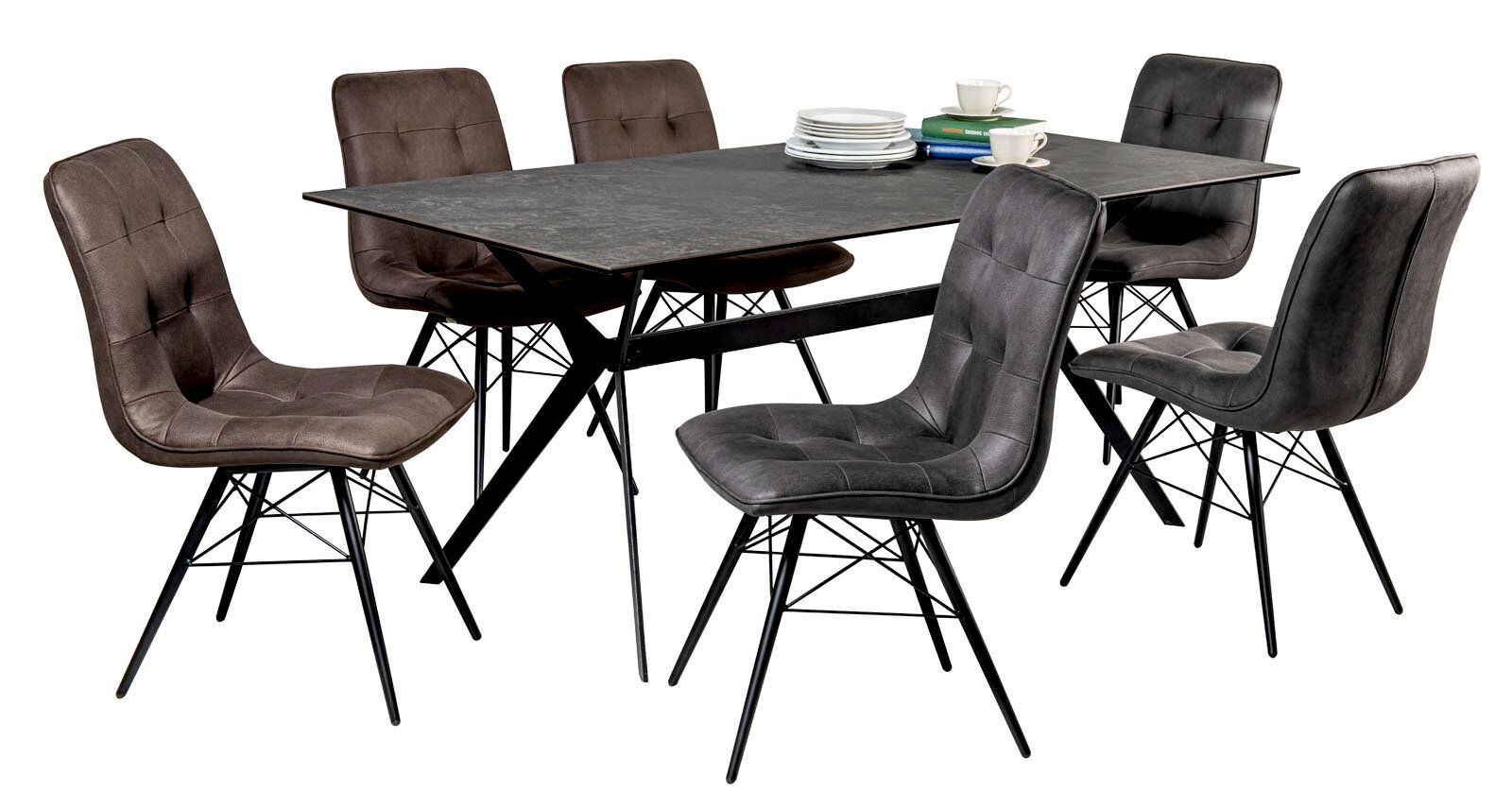 Moderner Esstisch mit sechs gepolsterten Stühlen in seitlicher Perspektive